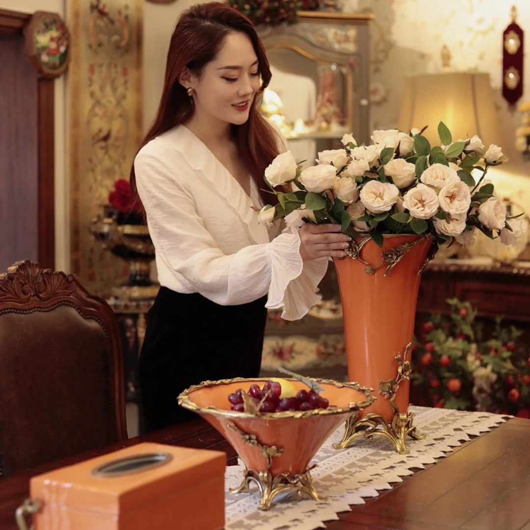 潇允饰家/爱马仕橙/铜配瓷花瓶纸巾盒收纳盒水果盘桌面摆件纯手工