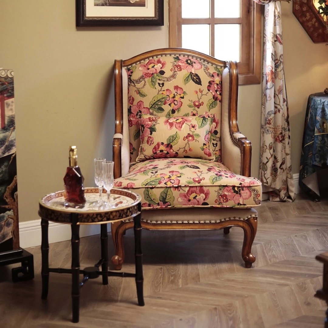 潇允饰家/单人位沙发/休闲椅/飞花令/美式乡村/实木/卧室