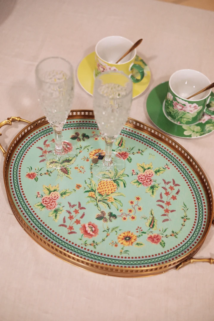 潇允饰家/欧式铜配瓷托盘/轻奢圆形收纳盘/手绘/桌面摆件家用陶瓷