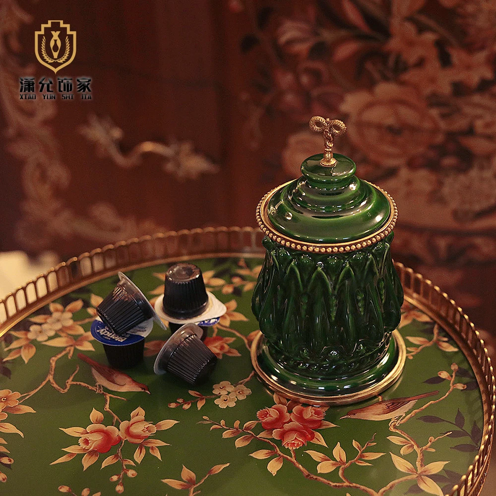 潇允饰家/祖母绿收纳罐/糖果罐/铜配瓷/精致桌面摆件