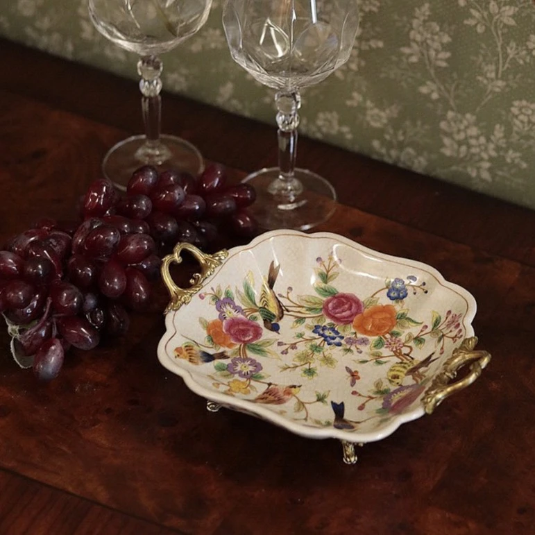 潇允饰家/托盘/收纳盘/果盘/手绘/铜配瓷/精致/春暖花开桌面摆件