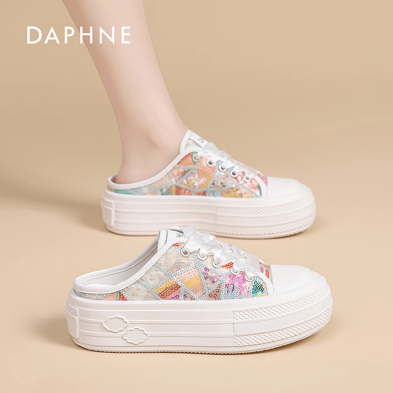 达芙妮亮片半拖鞋女2024夏季新款厚底时尚百搭亮片外穿包头半拖