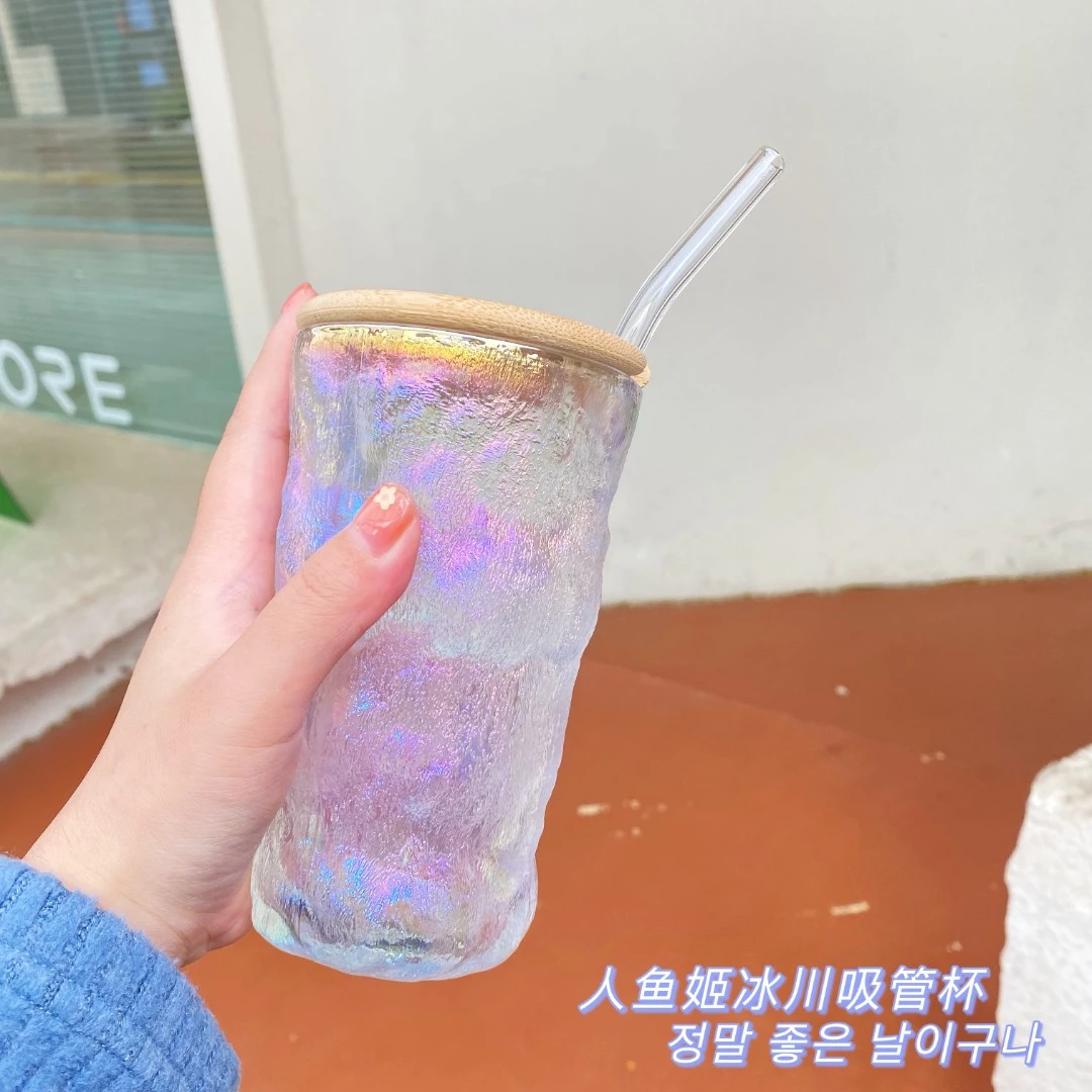 磨砂冰川纹玻璃吸管杯家用带盖渐变杯子ins喝水杯大容量韩式餐杯