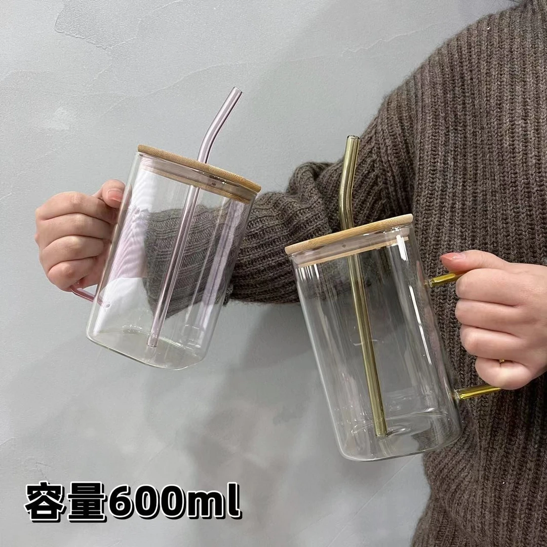 大容量方形玻璃杯耐高温高颜值带把吸管手防爆喝水杯家用杯子耐热