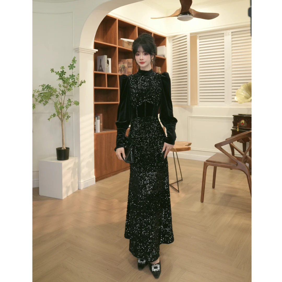 【JANE·简】2024秋冬新款绣花扣针烫金修身显瘦连衣裙15244