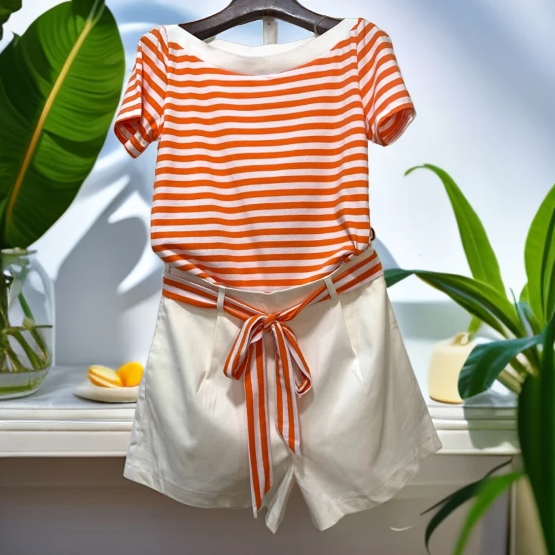 夏季休闲时尚百搭撞色条纹韩版高腰系带显瘦气质套装T恤+短裤