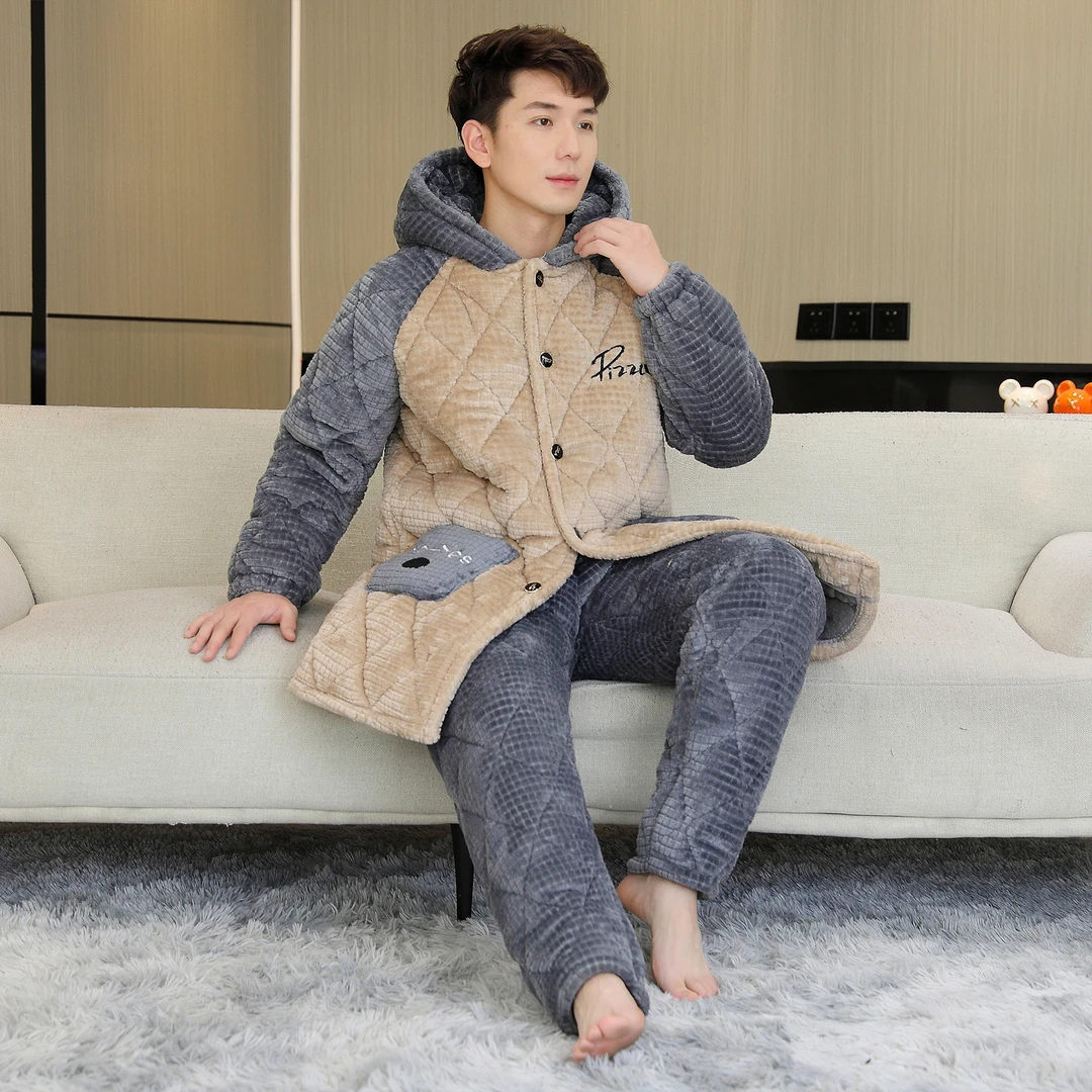 男士中长款秋冬季加绒加厚棉睡衣连帽套装保暖家居服时尚可外穿