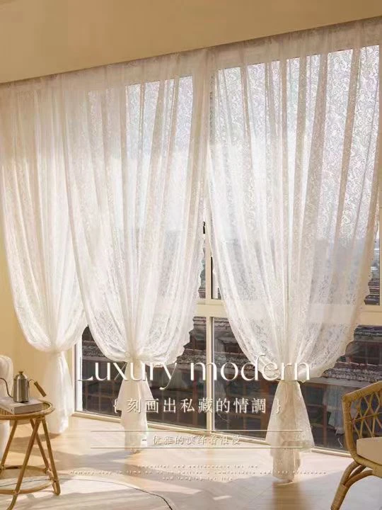轻奢成品凤尾花，法式蕾丝白色纱帘钉珠蝴蝶纱卧室门飘窗客厅窗帘