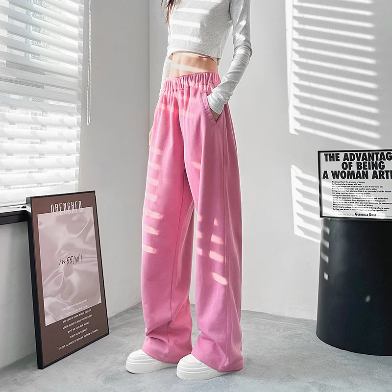 粉色阔腿裤女秋季2025新款大码宽松胖mm小个子薄款高腰垂感直筒裤