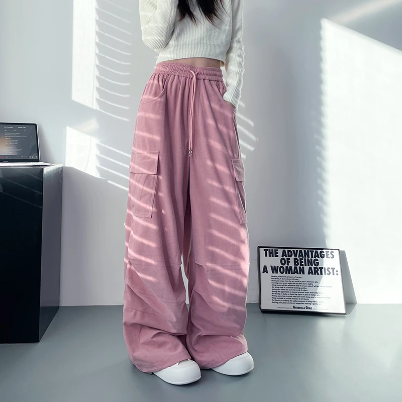 高腰抽绳工装裤女冬季大码胖mm宽松显瘦休闲裤梨形身材加长阔腿裤