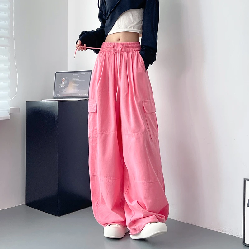 工装阔腿裤女2025秋大码胖mm抽绳高腰休闲裤宽松拖地束脚松紧裤子