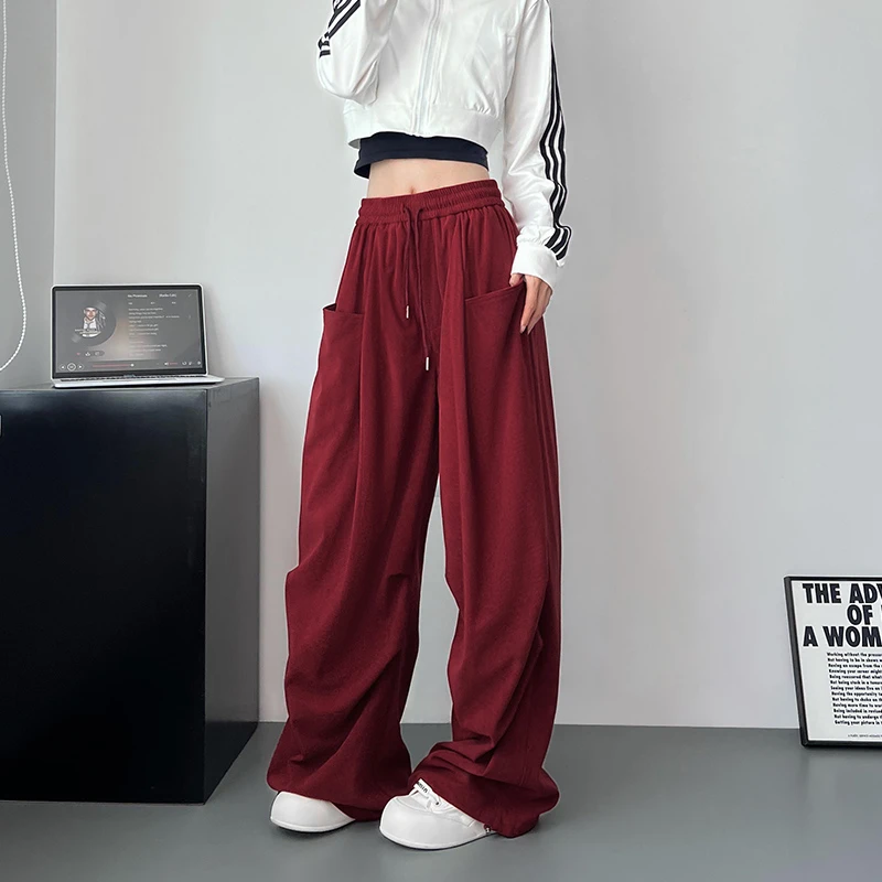 美式工装裤女2025秋大码胖mm大口袋松弛感宽松灯芯绒运动阔腿卫裤