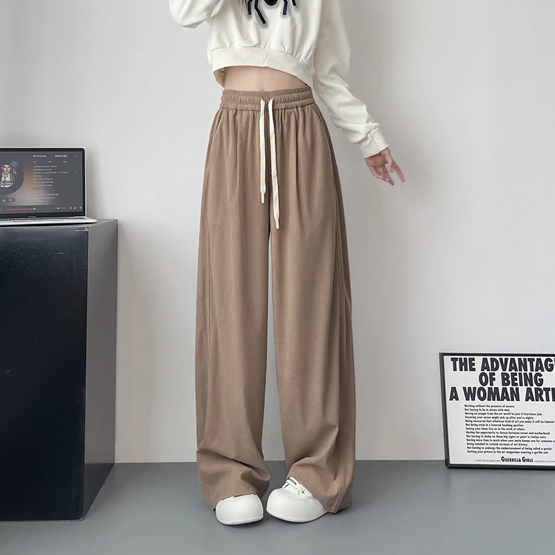 大码阔腿裤女冬季胖mm宽松显瘦灯芯绒休闲裤加绒加厚卡其色拖地裤