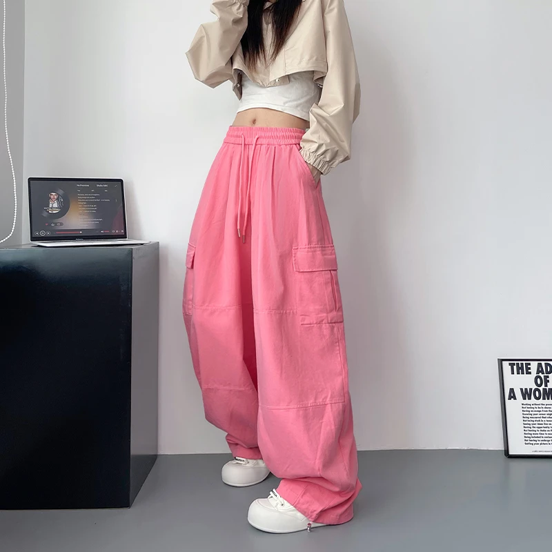 大码工装裤女秋季胖mm高腰宽松直筒阔腿裤垂感抽绳遮肉显瘦休闲裤