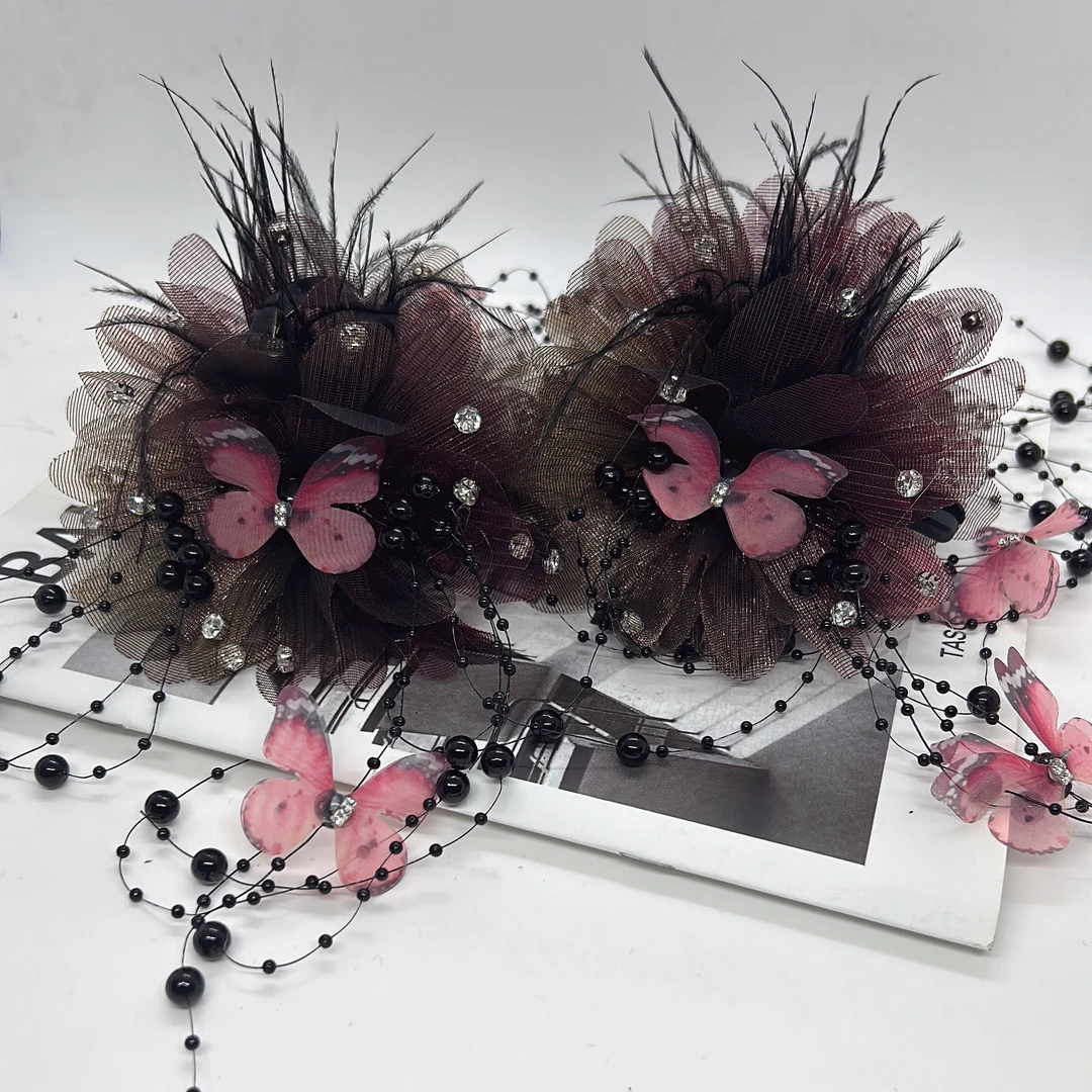 蝴蝶花海入冬新款蝴蝶流苏抓夹百搭发饰鲨鱼夹珠珠发夹女羽毛L269