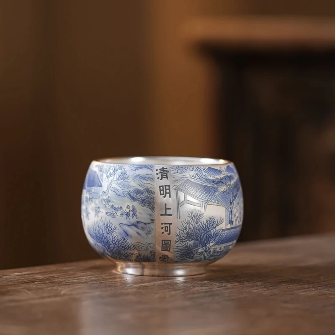 小银杯【清明上河图】禅定珐琅彩陶瓷鎏银周鸿杰