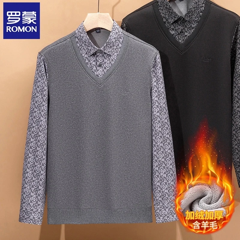Romon/罗蒙新款男士加绒假两件针织毛衣休闲商务衬衫领男装针织衫