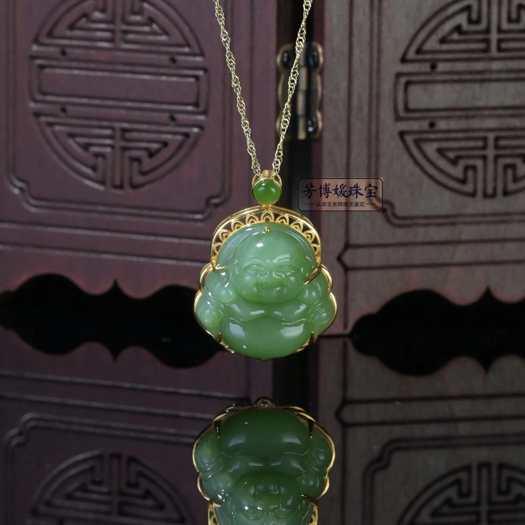 GE29天然正宗和田玉碧玉粉绿18k金镶嵌精美佛公玉吊坠 精致轻奢款