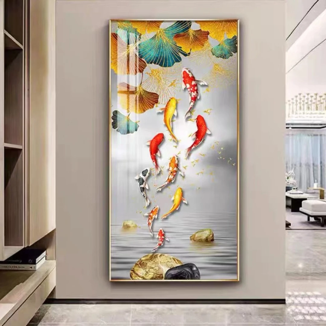 升级版-玄关画-【九鱼大聚福】晶瓷画晶瓷镶钻画玄关画过道装饰画