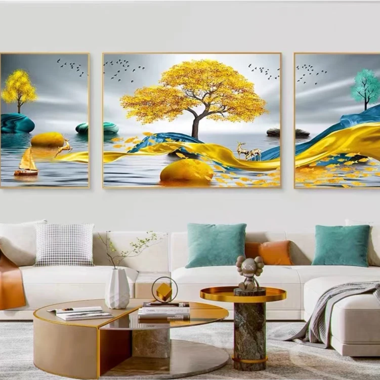 升级版-客厅三联画-【福禄有余】晶瓷镶钻画客厅沙发背景墙装饰画