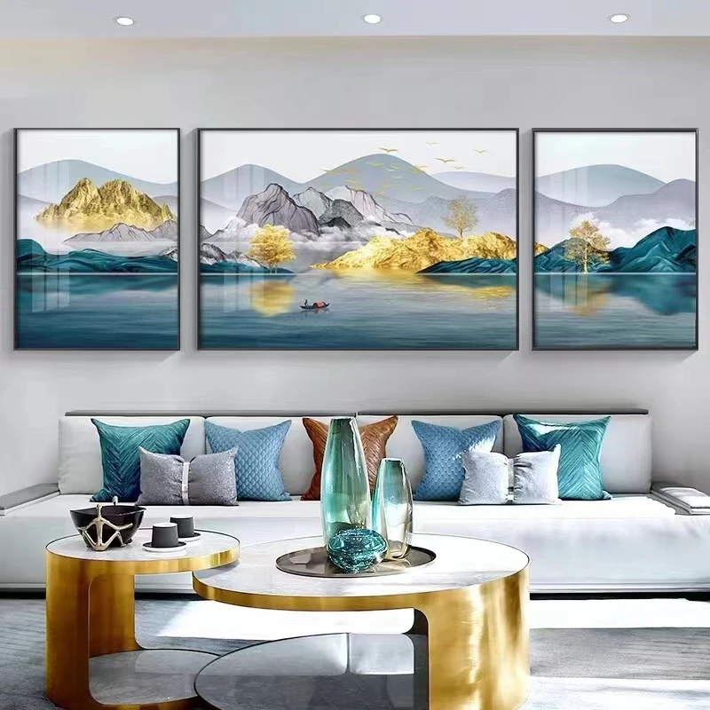 升级版-客厅三联画-【山水相间】晶瓷镶钻画客厅沙发背景墙装饰画