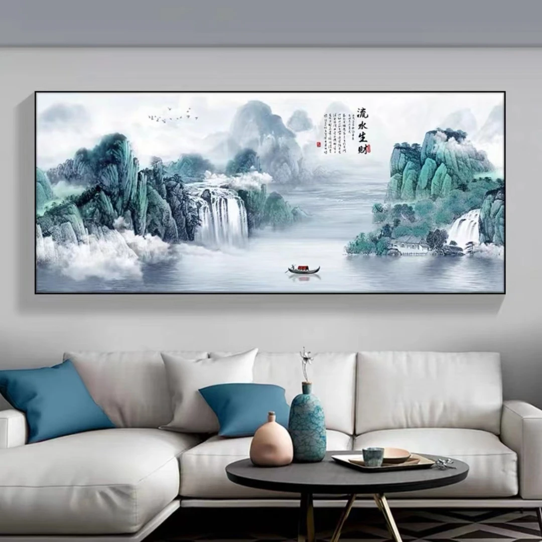 横版画-【蓝色流水生财】晶瓷画晶瓷镶钻画玄关画过道画装饰画