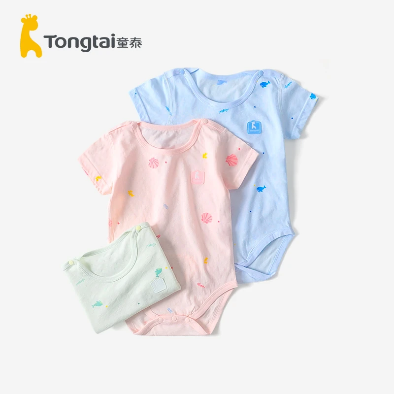 Tongtai/童泰婴儿短袖包屁衣纯棉宝宝三角哈衣镂空透气半袖薄款