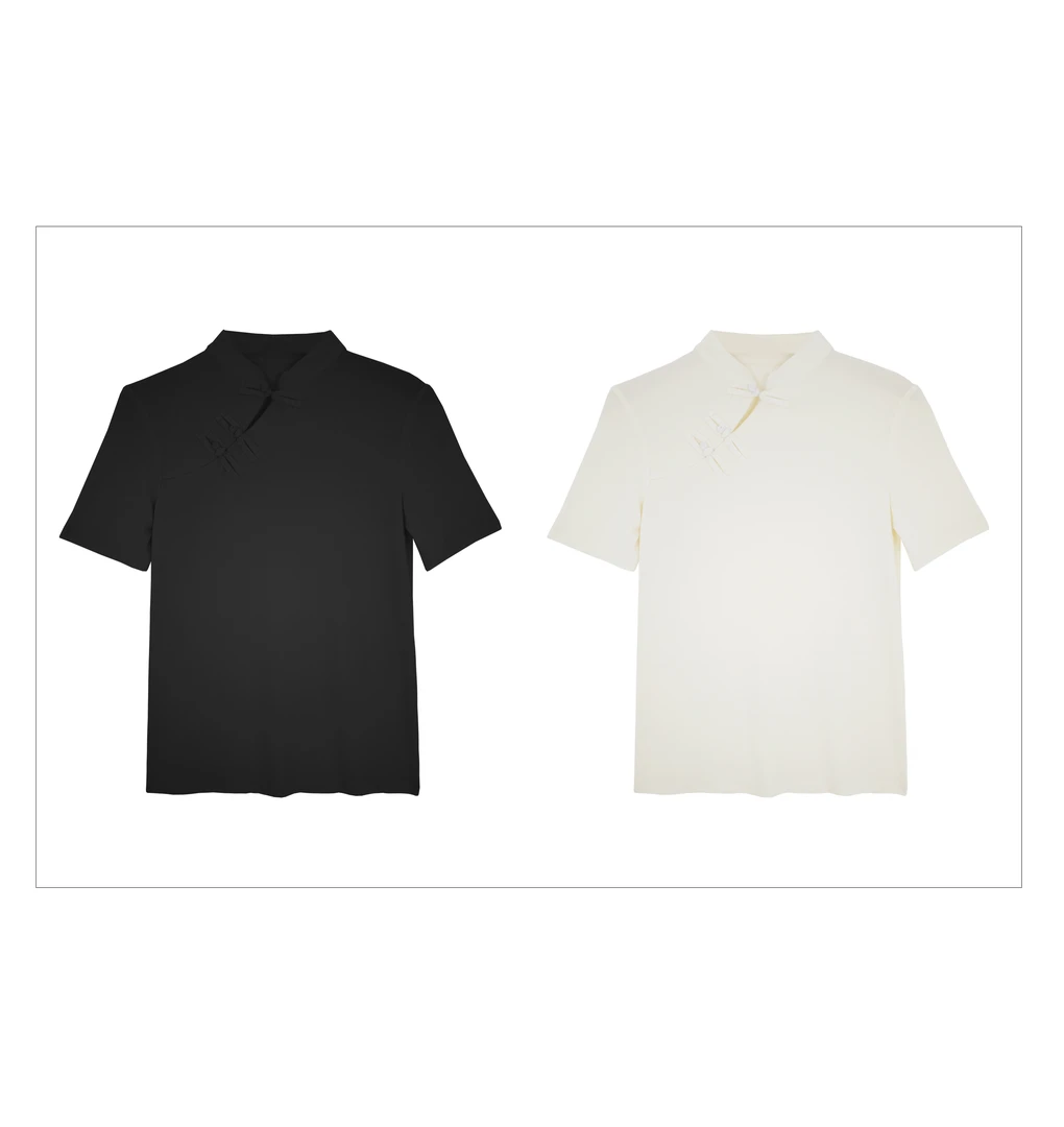 NINI.STUDIO【江南】绵羊毛 新中式盘口高弹力小坑条T恤女