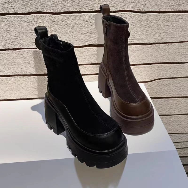 欧洲站高跟短靴女2023冬季新款英伦风加绒百搭增高显瘦厚底马丁靴