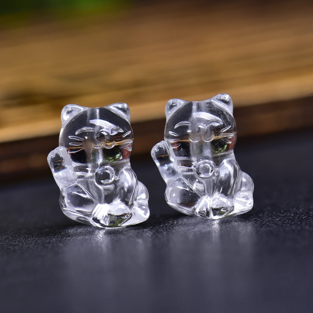天然白水晶招财猫吊坠 项链小提溜串手链 diy配饰