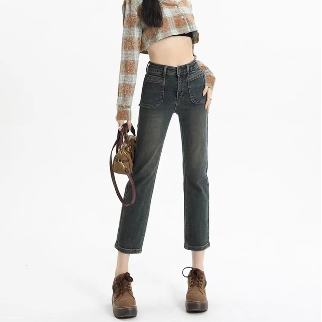 直筒高腰牛仔裤女2023年新款秋季显瘦水泥灰法棍小个子烟管裤八分