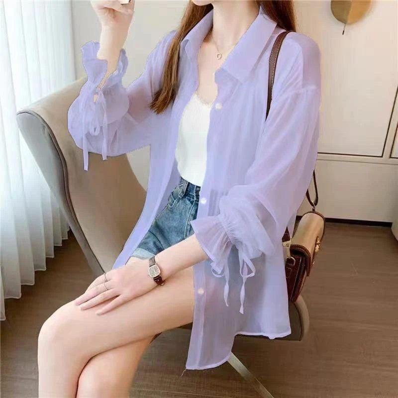 雪纺防晒衬衫女2024夏季新款宽松时尚气质喇叭长袖薄款外搭外套潮