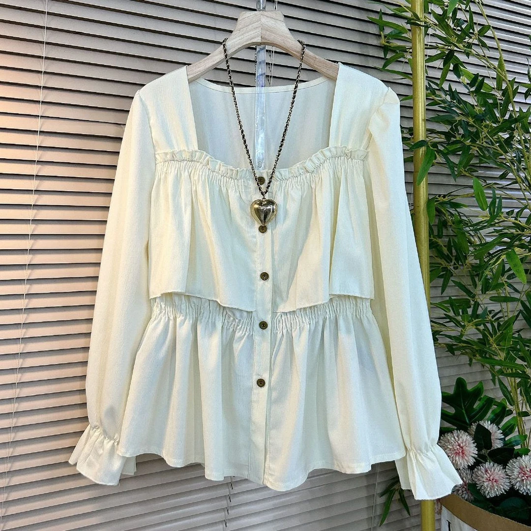 2023秋季新款大码女装洋气时尚显瘦遮肉方领收腰气质长袖女人小衫