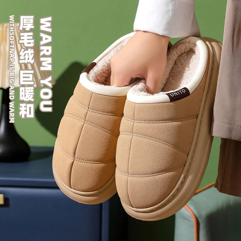 新款加厚绒保暖棉拖鞋女居家办公室内简约品质软底防滑棉拖鞋男士