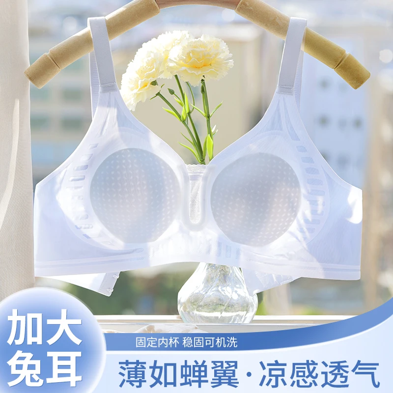 夏季薄款无痕透气舒适无钢圈兔耳杯大胸显小凉感轻薄文胸Q259309