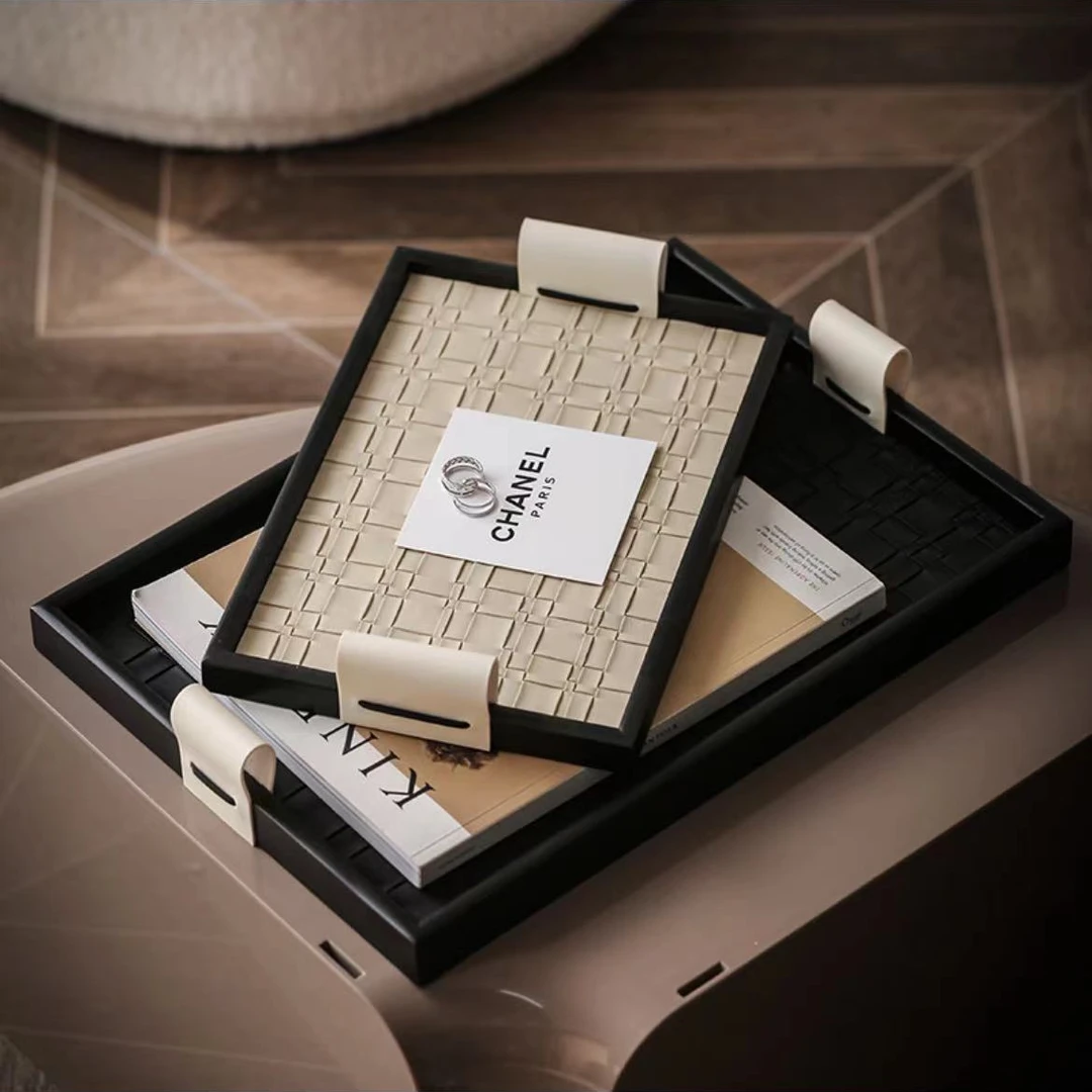 玄关钥匙茶几香薰首饰摆放手工皮革木质托盘轻奢风高级感收纳盘