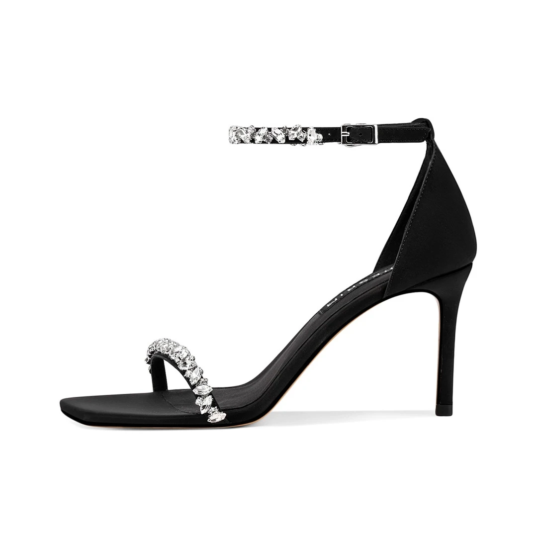 67-2025新款真皮细跟时尚女凉鞋方头水钻高跟鞋一字带水钻女鞋子