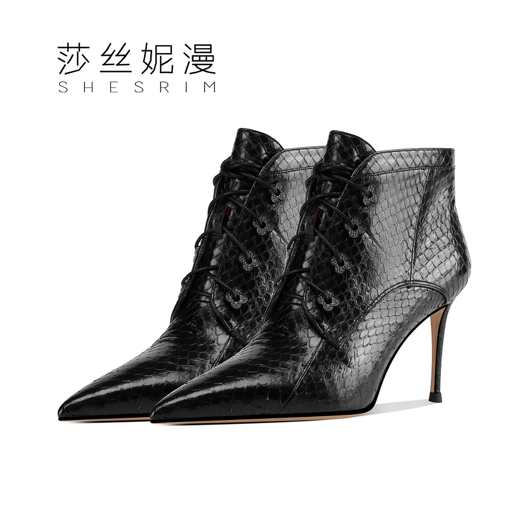 Q131-细跟短靴女新款欧美百搭蛇皮高跟马丁靴系带尖头短筒女靴