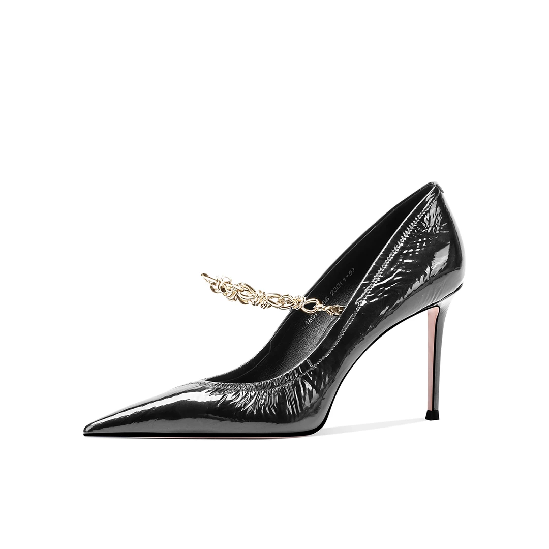 F166-111-细高跟浅口新款气质轻奢款真皮高跟女鞋魅惑黑色百搭