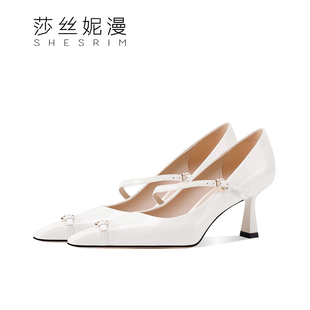 D102-漆皮小方根设计浅口高跟鞋夹头女单鞋跟高真皮气质