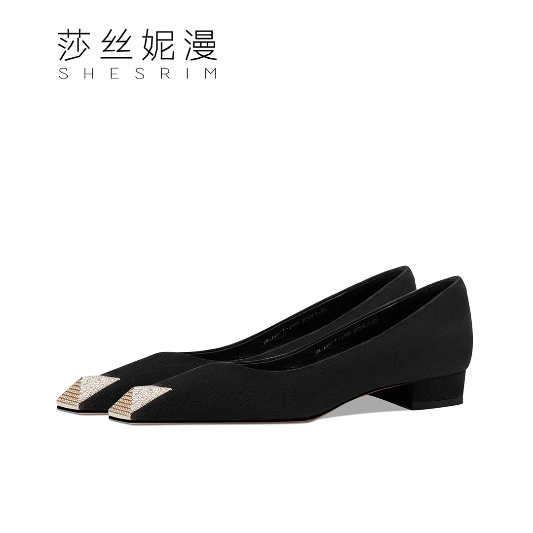 小方头浅口低跟单鞋上新春夏款女真皮跟高2.5cm气质黑色方头