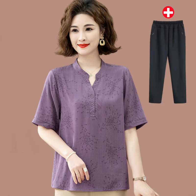 中老年妈妈新款夏装短袖T恤上衣洋气中老年女妈妈奶奶大码衬衣装