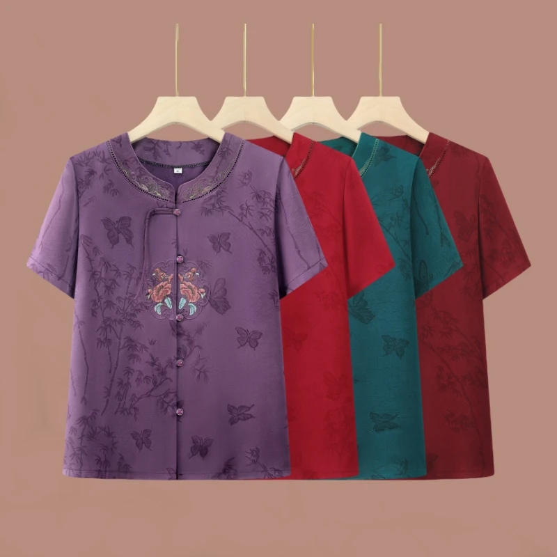 妈妈夏装短袖衬衫中老年人上衣女绣花衬衣老年人衣服奶奶夏季上衣