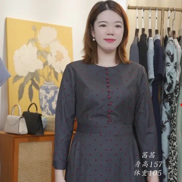 【波点灰色多扣】高级感优雅显瘦女装连衣裙2024新款气质收腰A字裙