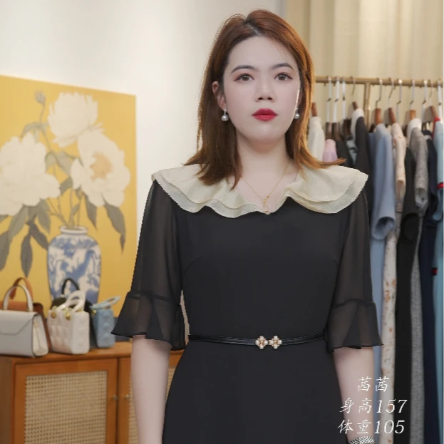 荷叶领V领小黑裙气质女装连衣裙