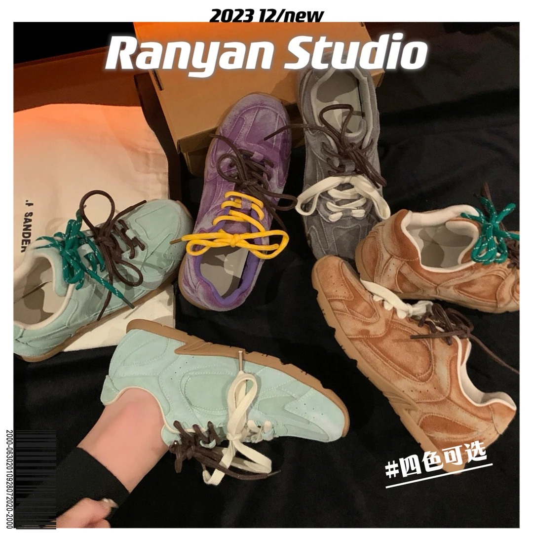 现货【伯牙】新款复古运动鞋真皮撞色平底休闲鞋子废土风水洗牛皮