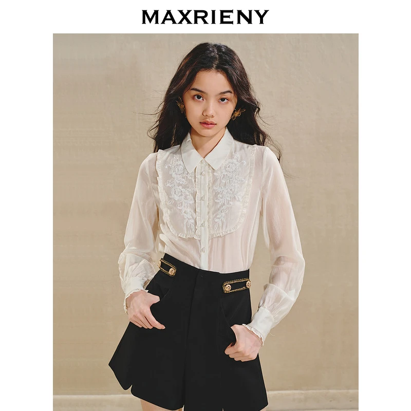【芊芊专属】MAXRIENY精致风绣花蕾丝衬衫秋冬新款修身花边上衣女