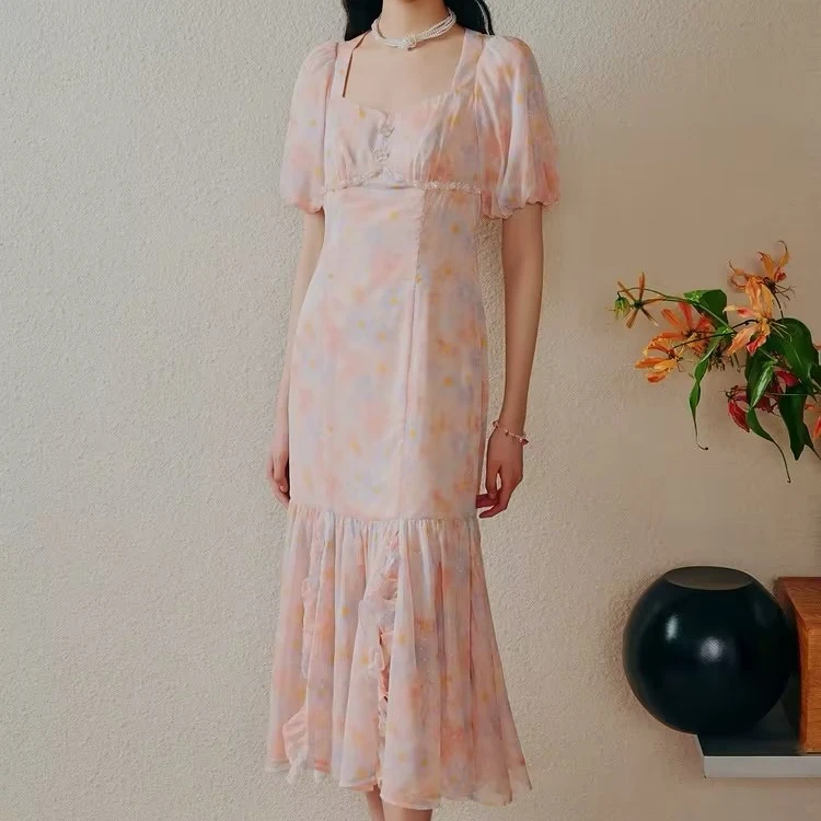 【老板娘夏天】MAXRIENY仙美茶歇裙修身长裙法式碎花连衣裙蕾丝