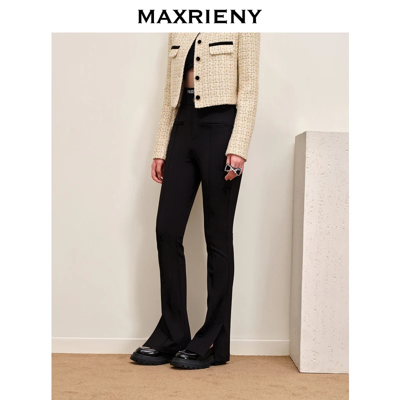 【专用】MAXRIENY百搭弹力开叉双腰头微喇裤修身高腰长裤