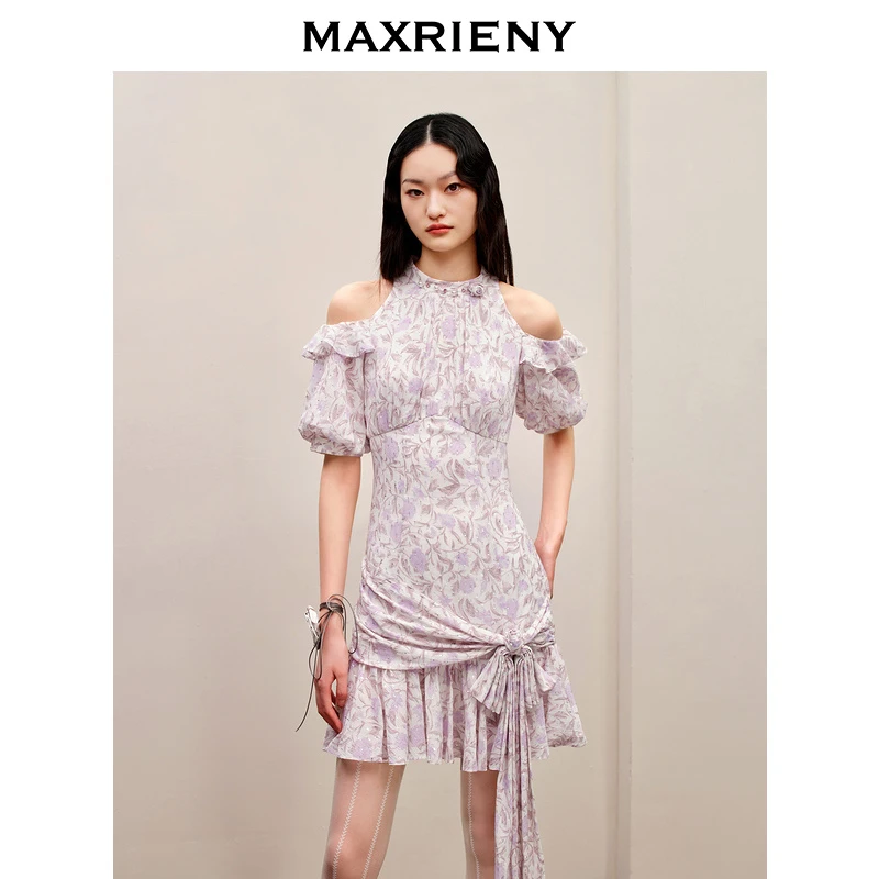 【诗语专属】MAXRIENY紫玫瑰桑蚕丝连衣裙显瘦鱼尾裙蝴蝶结